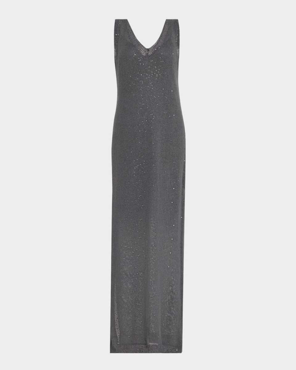 V-Neck Linen-Silk Paillette Knit Maxi Dress